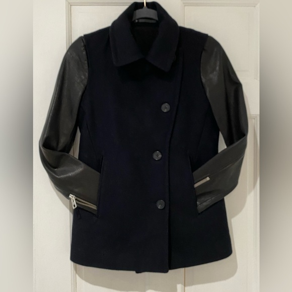 AllSaints Black Italian Cloth Leather/Wool Pea Coat, size 0 - Picture 2 of 9